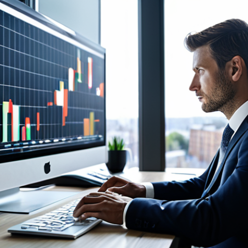 A professional ESG consultant, fully clothed in a modest business suit, seated at a modern desk in a sleek, sunlit corporate office. They are looking thoughtfully at a computer screen displaying complex financial and sustainability data charts. The background features large windows with a blurred cityscape. Perfect anatomy, correct proportions, natural pose, well-formed hands, proper finger count. Professional photography, high quality, realistic, safe for work, appropriate content, modest, family-friendly.