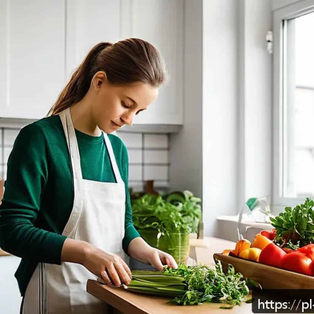 지속가능성 전문가가 추천하는 책 - A cozy, bright kitchen scene in a modern Polish apartment, featuring a young adult woman thoughtfull...