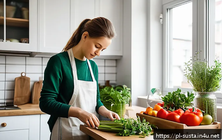 지속가능성 전문가가 추천하는 책 - A cozy, bright kitchen scene in a modern Polish apartment, featuring a young adult woman thoughtfull...