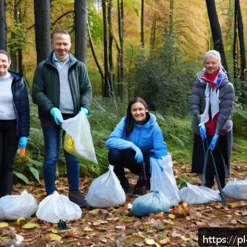 Home 33 지속가능성과 생물다양성 보호 프로젝트 - A vibrant community-led forest cleanup event in a Polish woodland during early autumn, showing diver...