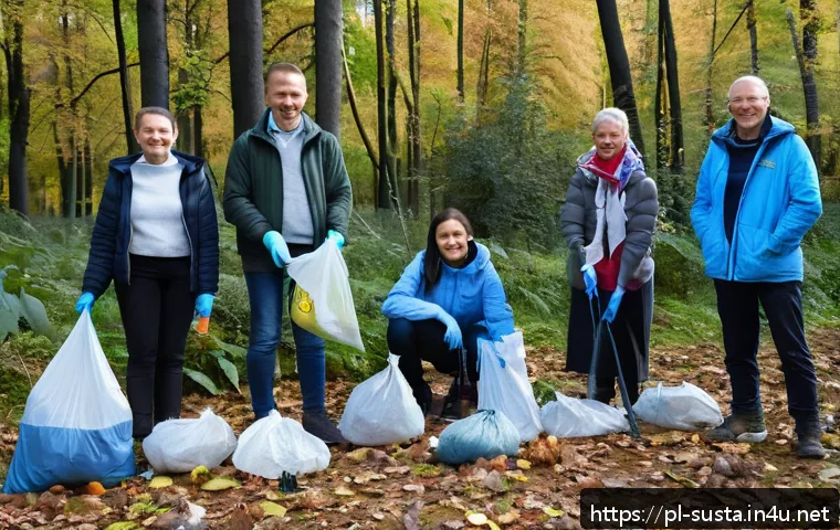 지속가능성과 생물다양성 보호 프로젝트 - A vibrant community-led forest cleanup event in a Polish woodland during early autumn, showing diver...