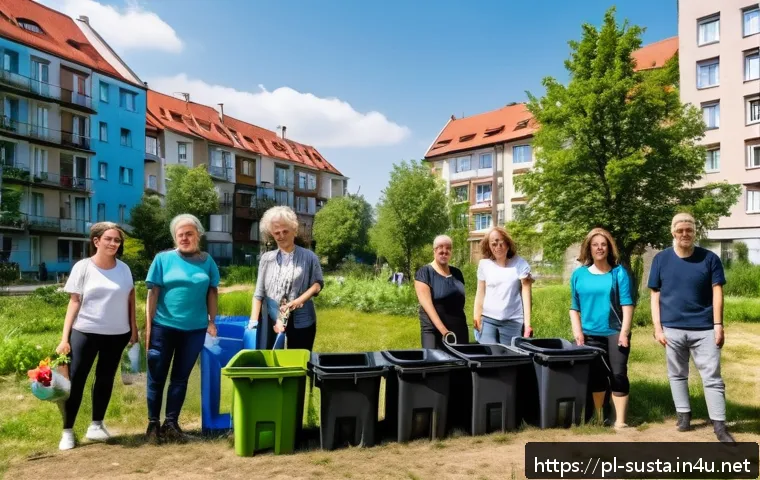 지속가능성 전문가로서의 공공 기여 사례 - A vibrant community workshop scene in a Polish urban neighborhood park during daytime, featuring div...