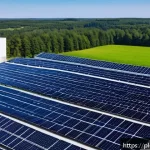 Home 18 지속가능성 정책 사례 연구 - A modern Polish manufacturing facility rooftop covered with sleek solar panels under a clear blue sk...