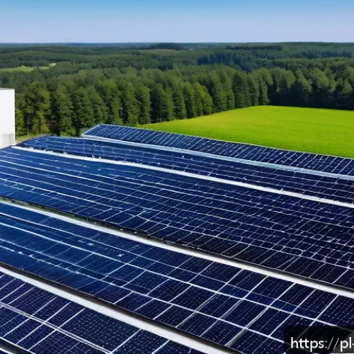 Home 30 지속가능성 정책 사례 연구 - A modern Polish manufacturing facility rooftop covered with sleek solar panels under a clear blue sk...