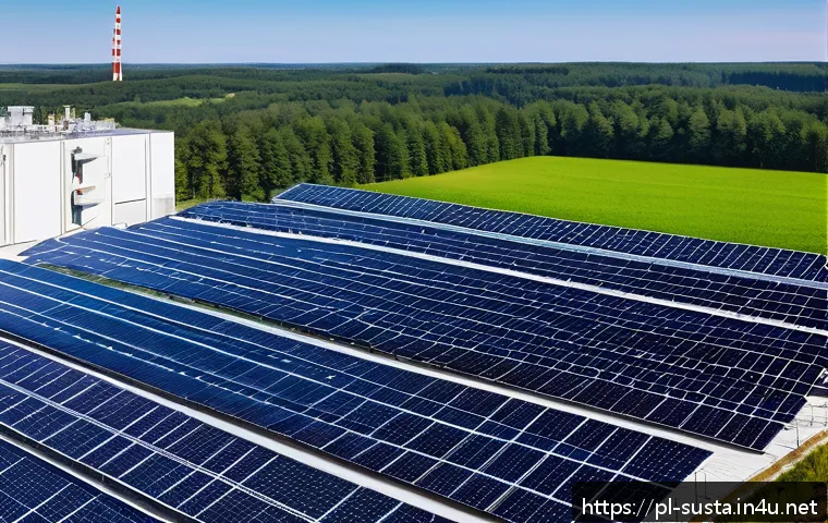 지속가능성 정책 사례 연구 - A modern Polish manufacturing facility rooftop covered with sleek solar panels under a clear blue sk...