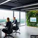 Home 23 지속가능성 보고서 작성 실전 가이드 - A modern corporate office environment in Poland, showcasing a diverse team of professionals collabor...