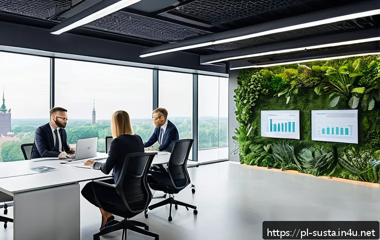 지속가능성 보고서 작성 실전 가이드 - A modern corporate office environment in Poland, showcasing a diverse team of professionals collabor...